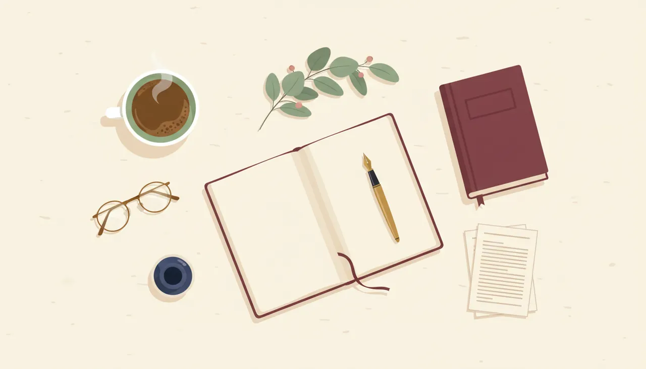 A book-making studio: open manuscript, fountain pen, and a burgundy hardcover